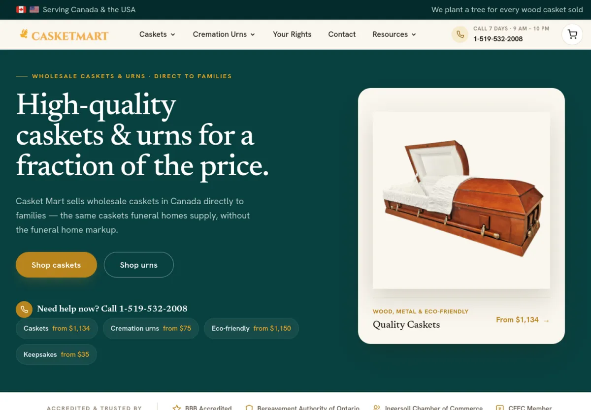 Casket Mart website, designed and built by Blake Strategies Group
